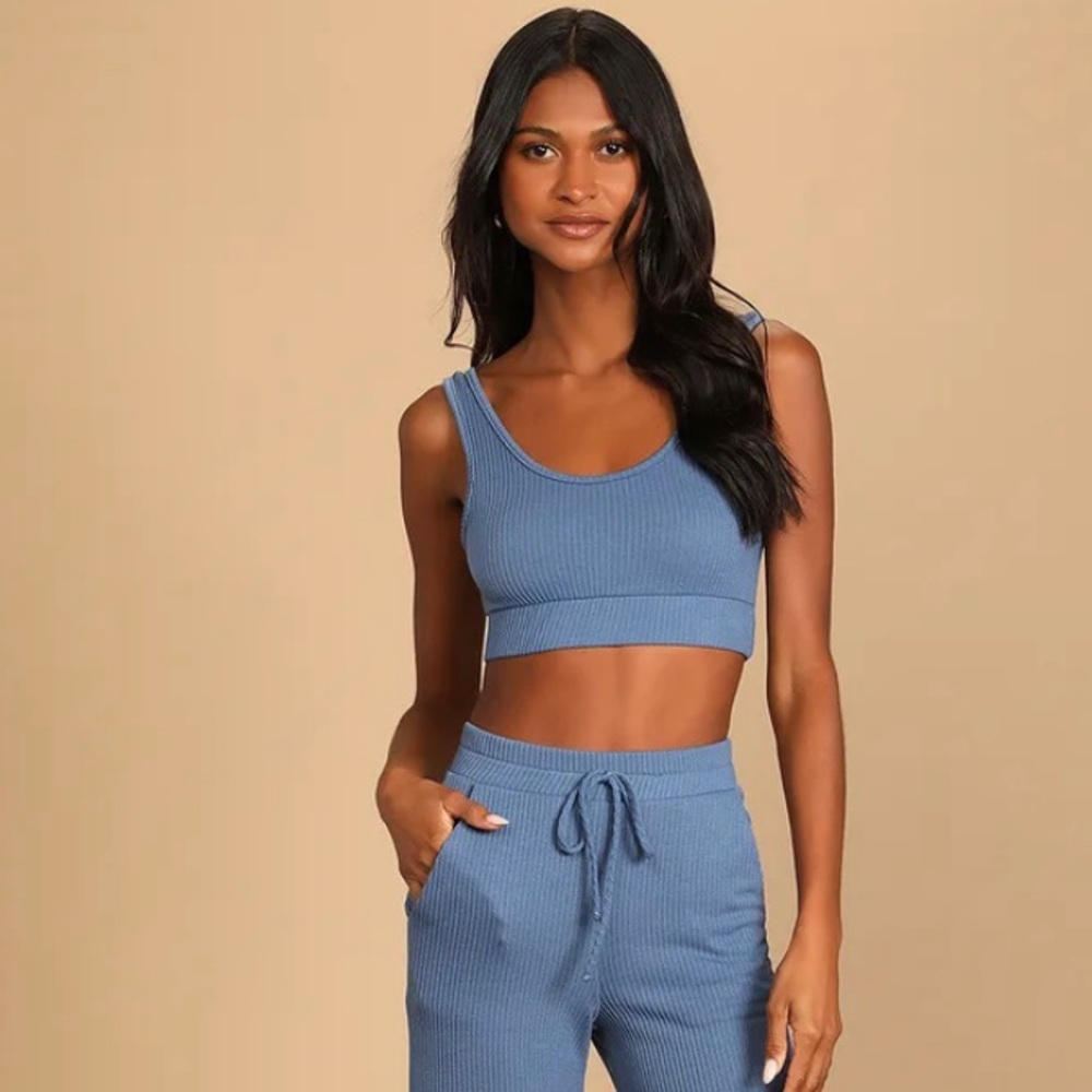 Lulus Sweet Slumber Denim Blue Ribbed Paiama Set. This color is often sold out!